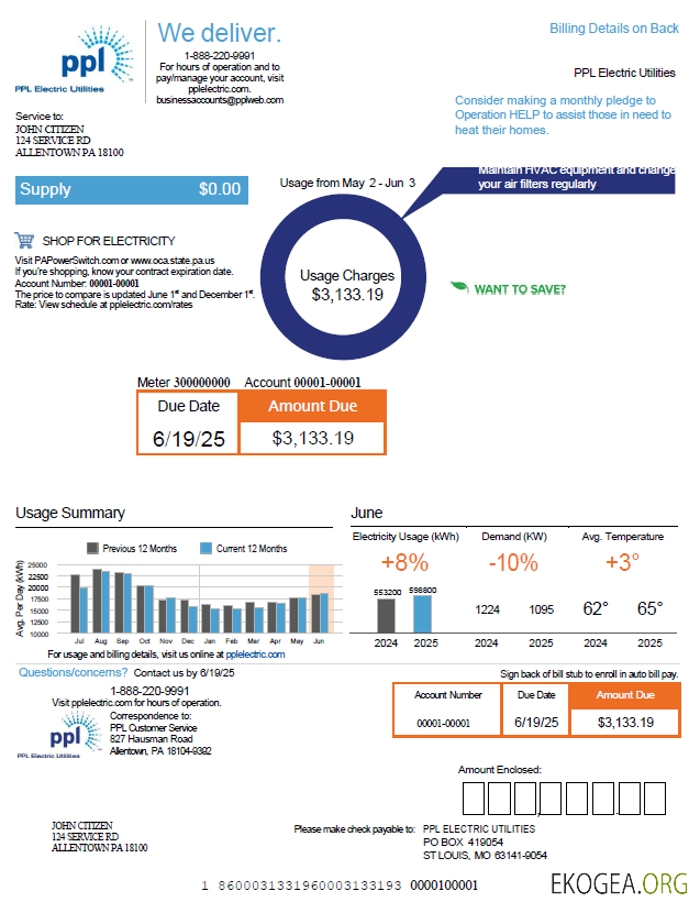 USA PPL Electric utility bill template in Word and PDF formats, version 2